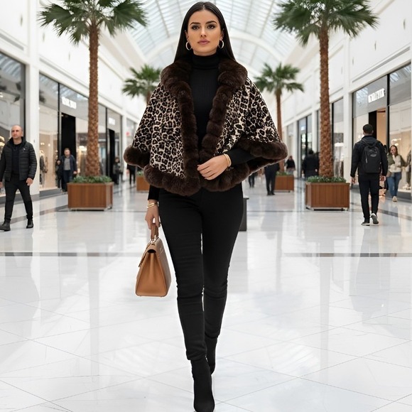 Vince Camuto Jackets & Blazers - Vince Camuto OS Open Neck Leopard Print Fur Trim Shawl‎ V4642533 – One Size